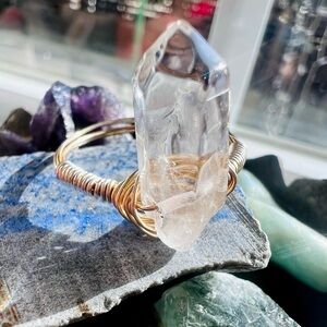 Clear Quartz Point Wire-Wrap Ring in Gold Tone Handmade SZ 9